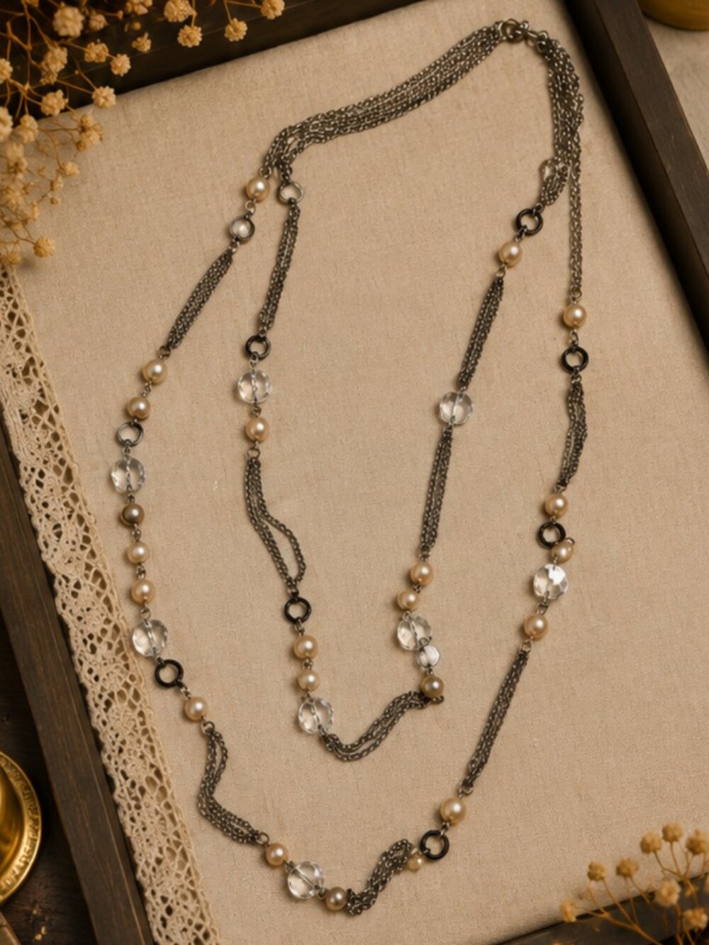 Long Layered Necklace with Faux Pearl & Crystal